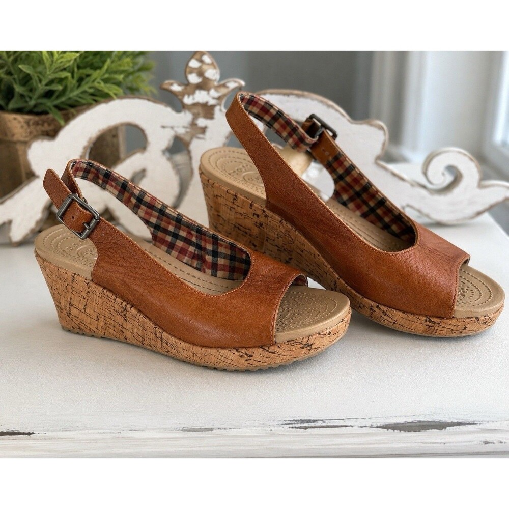 Womens 9W Crocs A Leigh Brown  Leather Cork Wedge Heel Slingback Sandals 11848